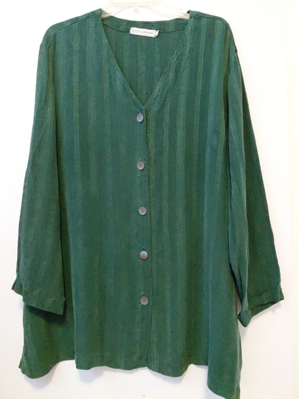 Cut Loose Textured Stripes Button Front V-Neck Long Sleeves 1X Deep Green
